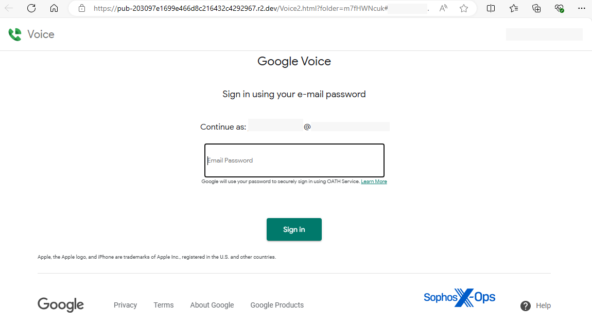 A fake Google Voice login also had the target's email address as well as the name of their employer's organization embedded in the page.