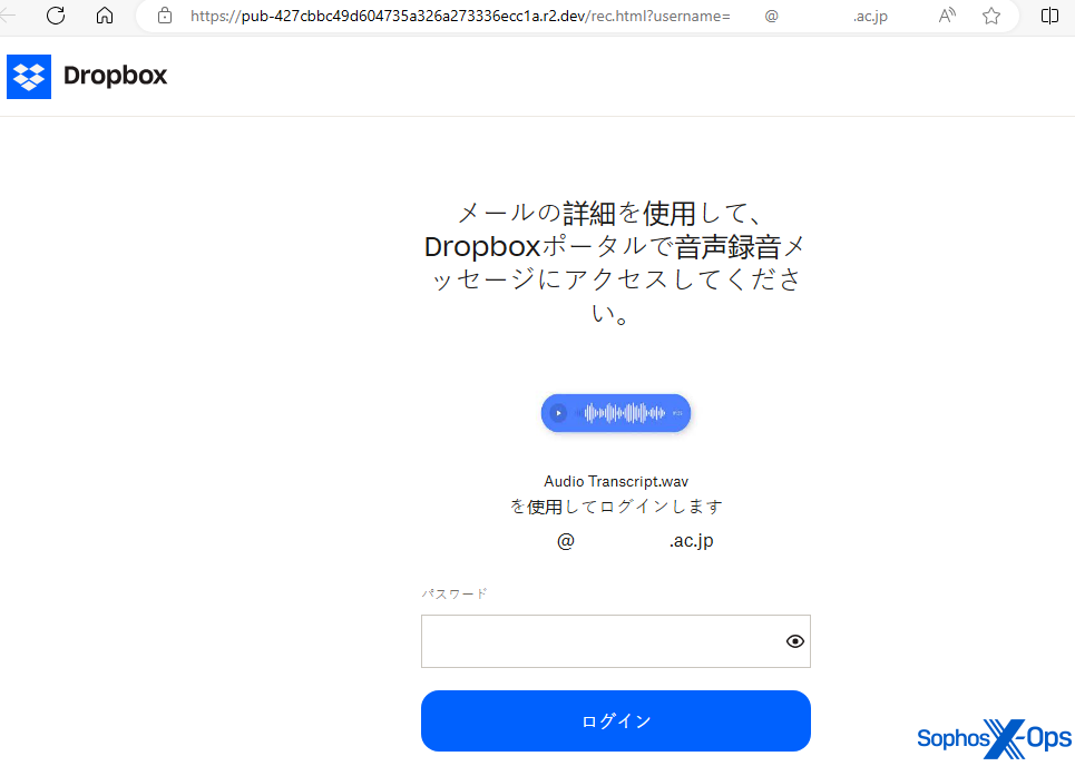 A fake Dropbox login in Japanese prompts the target to download a voicemail message